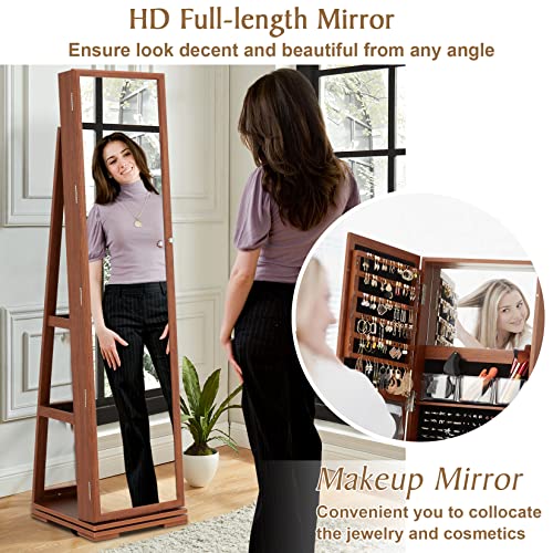 Acipenser 360° Rotating Jewelry Armoire, Lockable Jewelry Cabinet Organizer Standing W/Full Length Mirror, Large Storage Capacity, Built-In Makeup Mirror & 3-Tier Rear Storage Shelves, Walnut #TOP2