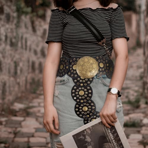 NUMJAW Disc Western Belts for Woman Cowgirl,Circle Boho Belts For Women,Faux Leather Conch Waist Chunky Belt,Black Cowboy Metal Buckle Western Style Wide Country Belt for Dress Jeans4