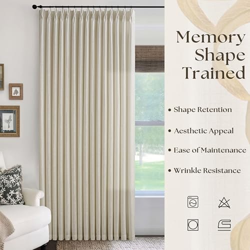 Image of 100 Inch Wide Pinch Pleated Extra Wide Curtain Panels 90 Inch Long | Thick Linen, Patio Sliding Glass Door, Hooks Rings, Semi Sheer, Privacy, Living Room, 100x90, 1 Panel, Oatmeal, Beige