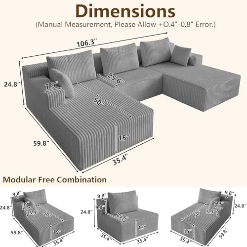 Image of 107 inch Modular Sectional Sleeper Sofa, Boneless Cloud Couch for Living Room, U Shaped 3 Seat Sofa with Deep Seat, Free Combination, Couch in a Box, No Assembly Required (Light Grey)