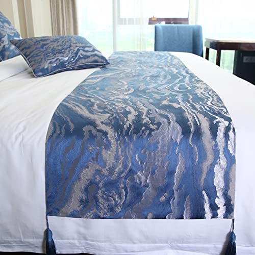 Blue Jacquard Bed Scarf Cover Abstract Texture Bed Runner With Tassel Bed End Mat Bedspread Protection Bedding Throw For Hotel Bedroom, 45 X 210Cm #TOP2