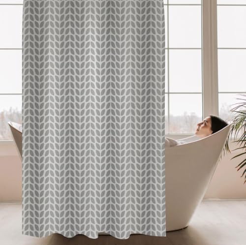 Image of HOMETHREADS Embrace Luxury with Our 6-Feet Long Premium Polyester Shower Curtain with 12 Hooks for a Lavish Bathroom Ambiance | Stylish, Splendid, and Perfectly Sized (Grey Leaf, 180x200cm)