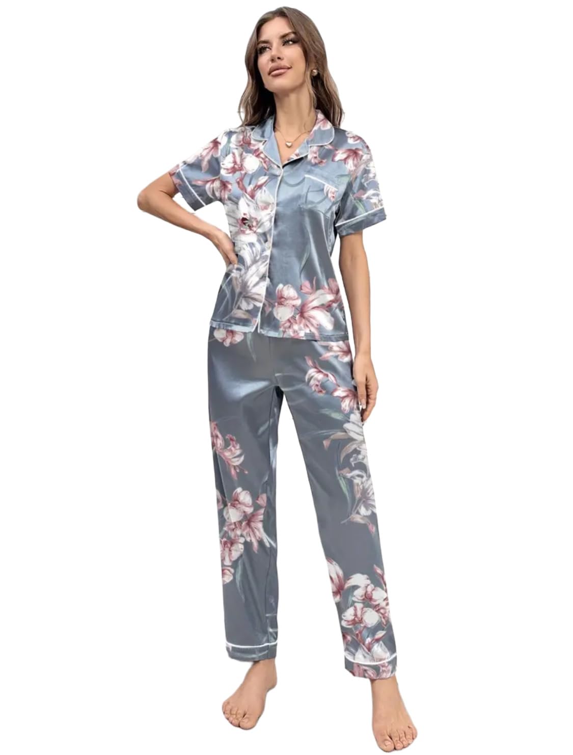 GenericWomen Pajama Heart Print 2 Pieces Satin Pyjama Set Short Sleeve, Long Sleeve Elastic Waist Long Pants For Women Sleepwear And Loungewear