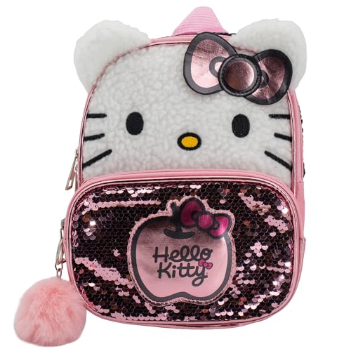 AI ACCESSORY INNOVATIONS Hello Kitty 9 Micro Mini Backpack Purse Featuring 3D Ears & Bow Sherpa & Sequin Material & Pompom Dangle Pink