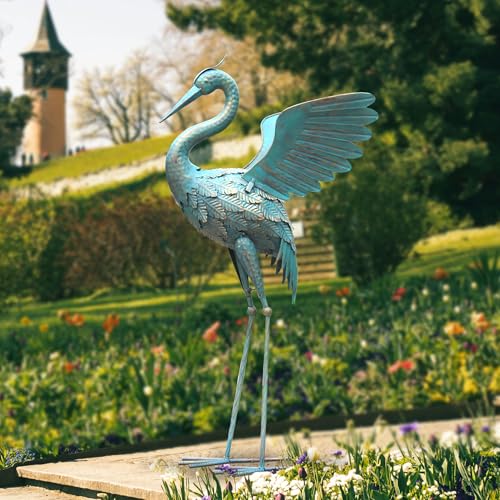 Oritty 33 Inch Metal Crane Garden Statue, Outdoor Pool Yard Decor, Vintage Cyan Bird Sculpture, Freestanding Heron Art, 1PC