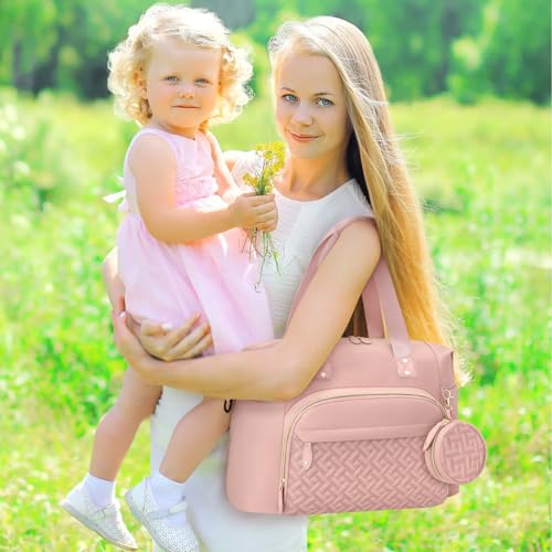 Image of Tenot Diaper Bag Tote with Pacifier Case, Baby Bag for Women with Shoulder Straps, Travel Diaper Tote for for Mom and Dad Medium Size, Pink
