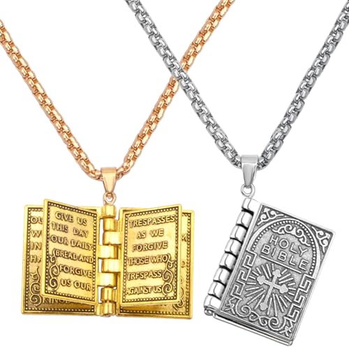 AGNURCADE 2pcs Holy Bible Book Pendant Necklaces Openable Prayer Bible Verse Metal Pages Inside Vintage Religious Christian Necklace Jewelry for Men Women Christmas