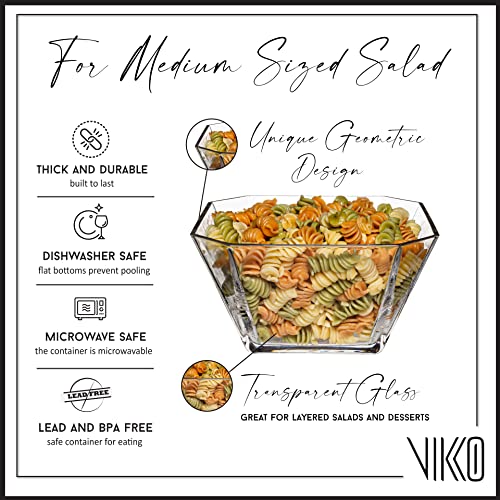 Vikko Glass Salad Bowls, Thick Glass Square Bowls For Snacks, Serving, And Entertaining, 64 Oz Decorative Glass Fruit Bowl, Clear Glass Serving Bowl 2 Quart, Medium Geometric Square Glass Bowl #TOP1