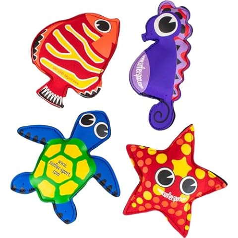 Sunflex Splash Puppies - Floating Neoprene Water Toy Set of Four That Includes 1 Starfish, 1 Turtle, 1 Fish, and 1 Seahorse - Waterproof and UV Resistant Pool Toy Cover