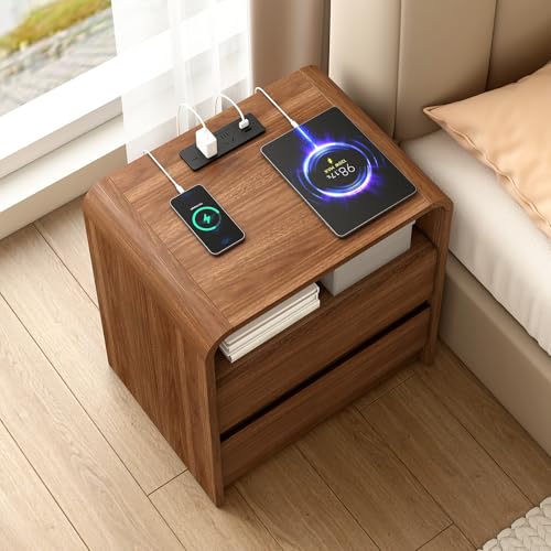 Modern Nightstand, 23.6-Inch Wide with Charging Station & Curved Anti-Collision Design, Mid-Century Storage Cabinet, Pre-Embedded Slots, Sturdy & Reusable, Ideal for Dorm, Sofa, or Office (2)