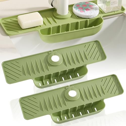 Silicone Faucet Mat for Kitchen Sink, Kitchen Faucet Splash Guard Sponge Organizer, Anti-Slip Drying Mat Soft Draining Pad Behind Faucet, Water Catcher Mat for Kitchen (Green, 2 PACK)