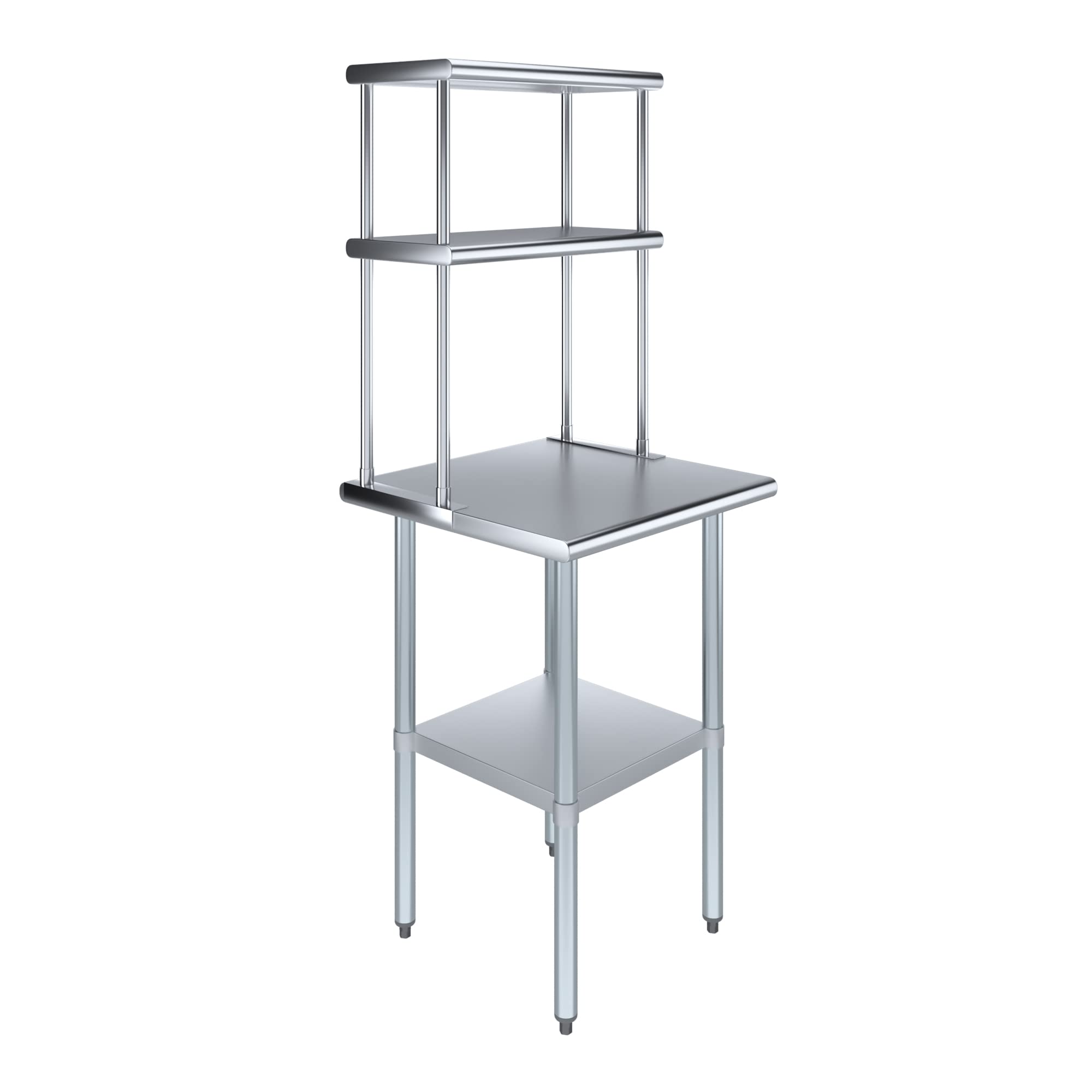 AmGood Stainless Steel Work Table with 12" Wide Double Tier Overshelf | Metal Kitchen Prep Table &amp; Shelving Combo | NSF (Stainless Steel Table with Double Overshelves, 24" Long x 24" Deep)