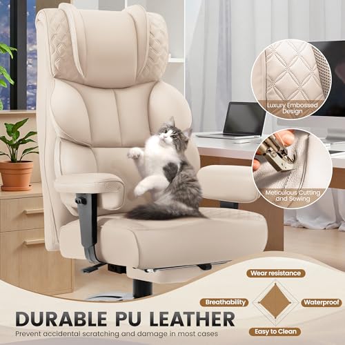 Image of BestGlory Office Desk Chair, Big and Tall Leather Gaming Chair with Footrest, Wide Ergonomic Comfy Executive High-Back Reclining Computer Chairs, Swivel Rolling Wheels and Padded Lumbar Support, Beige