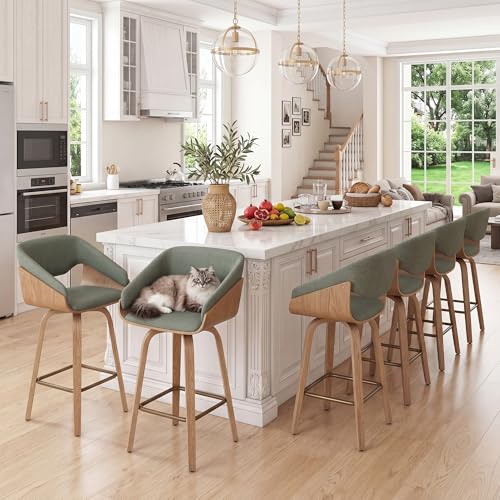 Image of HNY 26'' Modern Barrel Swivel Counter Stools Counter Height Swivel Bar Stools with Backs Set of 6, Green Linen Bar Height stools, Square Footrest, Farmhouse Solid Wood Barstools for Kitchen Island