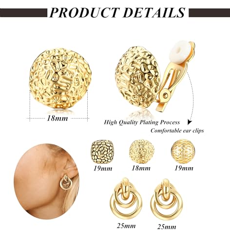 ORAZIO 4Pairs Clip On Earrings for Women Gold Silver Clip On Hoop Earrings Chunky Teardrop Clip Earrings Twist Round Clip On Stud Earrings No Piercing Fake Earrings Set2