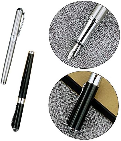2 Pcs Classic Fountain Pens Smooth Stainless Steel Pen Set Refillable Cartridge Pen Stationery (Black, Silver)