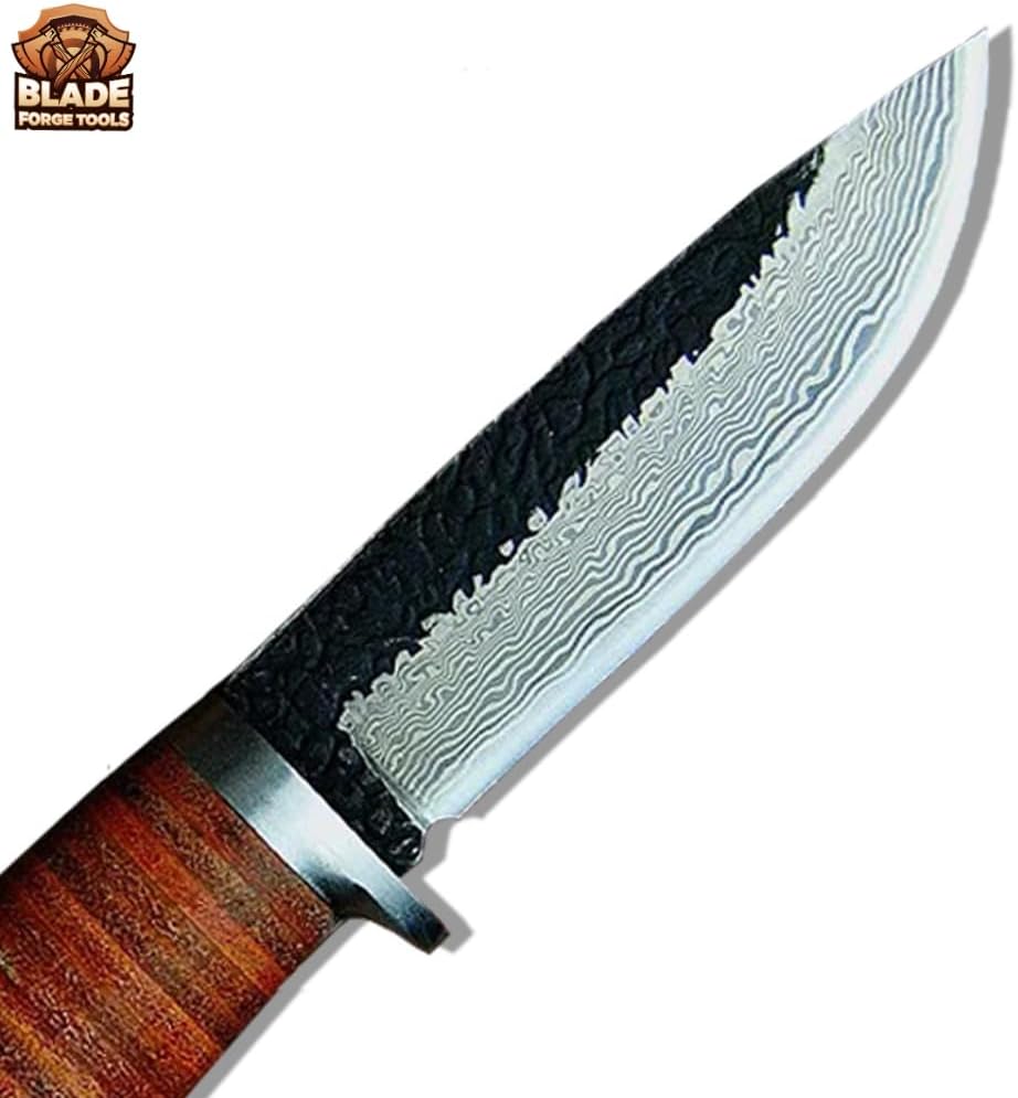 Leather Handle Knife, Comes With Handmade Leather Sheath, Custom Hand Forged Damascus Camping Knife, Best Camping Knife, Hunting Knife, and Gift