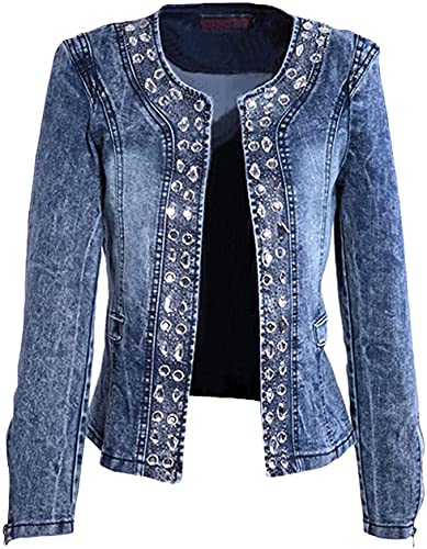 Chaqueta vaquera Retro ajustada de manga larga sin cuello con diamantes de imitación para mujer (blue,XL) Cover