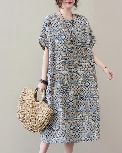 Image of LUZU JUNU Women's Summer Baggy Plus Size Loose Cotton Linen Long Boho Beach Dress with Pockets