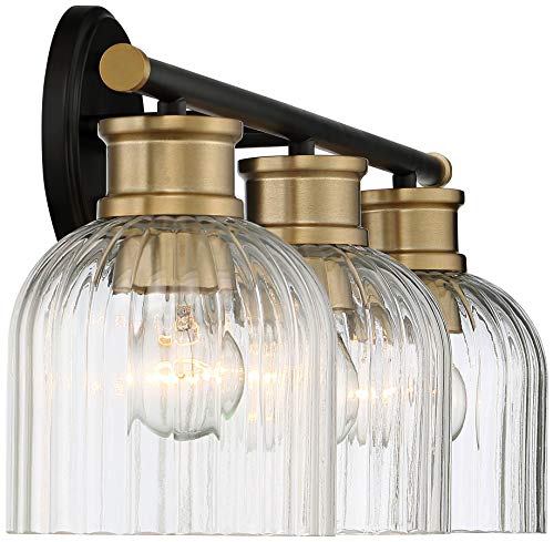 Image of Stiffel Lana Mid Century Modern Wall Light Black Warm Brass Hardwired 23 inch 3-Light Fixture Clear Fluted Glass Shade for Bedroom Bathroom Mirror Vanity Reading Living Room Hallway House