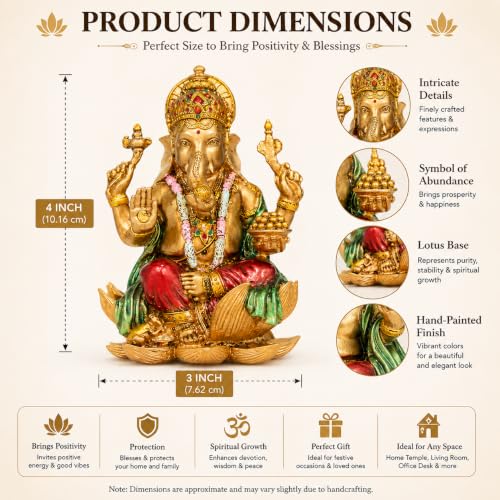 Image of Lord Ganesha Idol for Home Mandir & Office, 4 Inch Marble Dust Resin Ganesh Murti with Antique Multicolour Finish, Ganpati Idol for Pooja Room, Home Decor, Housewarming & Diwali Gift