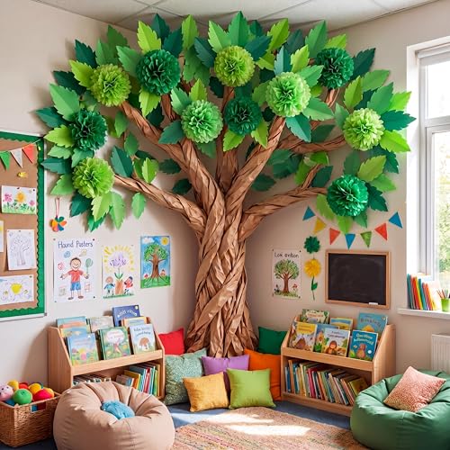 Sabary 114 Pcs Classroom Tree Bulletin Board DIY 3D Cardboard Tree with Paper Pom Poms Leaf Kraft Craft Bulletin Board Wall Classroom Decorations for School Elementary Chalkboard Teacher Holiday Party