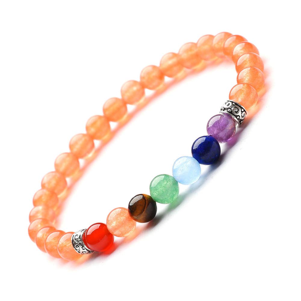 Steinarmband, Naturstein -Perlenarmband, 6 mm natürlicher Orangenstein Vulkanstein Yoga Sieben Chakra -Armband mit Stilenergieheilung Armband Stein, personalisierte Kleidungszubehör Schmuck