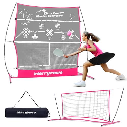 MerryMove Pickleball Rebound Net for Practice: Pink Pickleball Net Training Aid for Launcher...