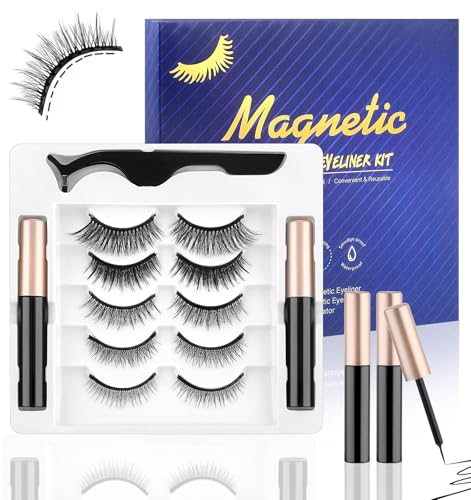 False Eyelashes Magnetic, 5 Pairs Magnetic Eyelashes Natural Look with Eyeliner for Women, (Black)