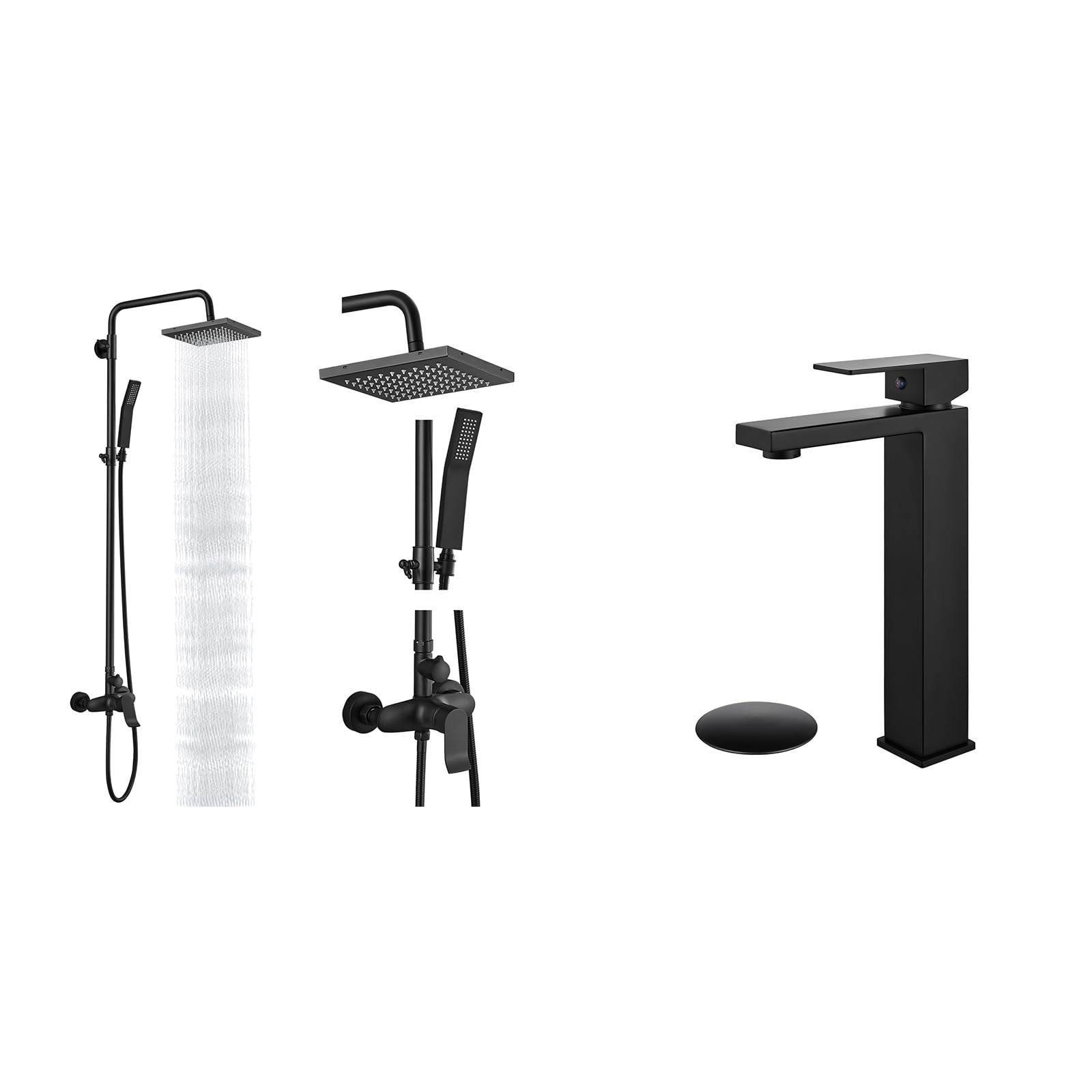 Hcfyauis Black Matte Exposed Shower System 8 Inch Square Swivel Rainfall Shower With Vessel Sink Faucet Stainless Steel Tall Body Mixer Bar Tap And Drain
