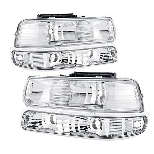 Headlights Assembly Compatible with 99-02 Chevy Silverado / 00-06 Tahoe Suburban Headlights Headlamp with Bumper Lights Chrome Housing Clear