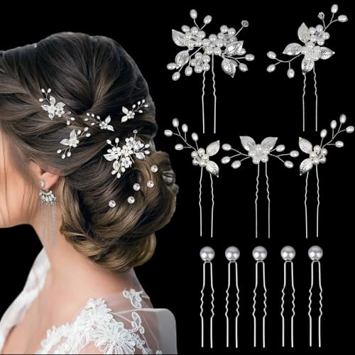 10 Stück Haarschmuck Hochzeit Silber Haarschmuck Braut Mit Perlen und Blume U-förmig Haarnadeln Für Bräute Brautjungfern Blumenmädchen Damen
