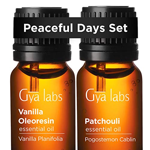 Vanilla Essential Oil & Patchouli Oil - Gya Labs Peaceful Days Set for Meditation & Stress Relief - 100% Pure Therapeutic Grade Essential Oils Set for Inner Peace & Balanced Mood - 2x10ml