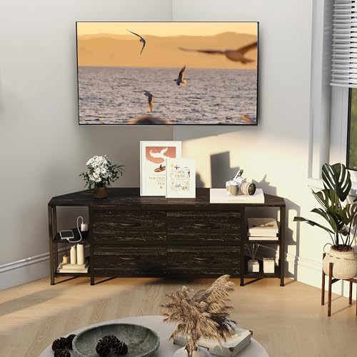 Image of EXOTICA Corner TV Stand for 55 inch TV with Drawer & Power Outlet, Black