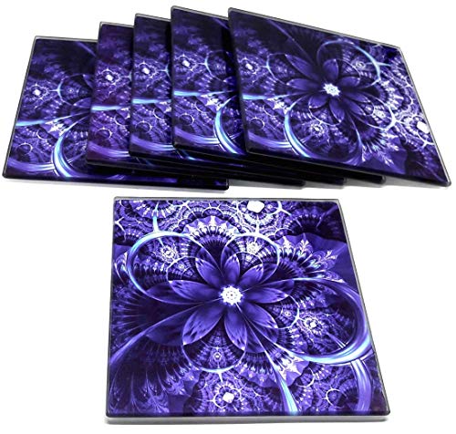 Coaster Set 6 Square Glass Coasters Purple Flower Design, Large Size 4X4, Suit Indoor Outdoor Kitchen Dining Bar, Non-Slip Silicon Feet Protects Furniture, Ideal For Wine Glass, Tea Or Coffee Cups #TOP1