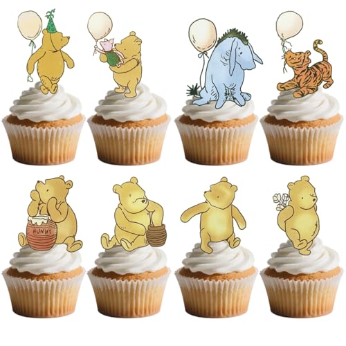 Aeniaza 32PCS Classic Winnie Cake Toppers, Baby Shower Cupcake Decorations, Wecome Baby Party for Girl or Boy Decor, 1st Birthday Party Supplies