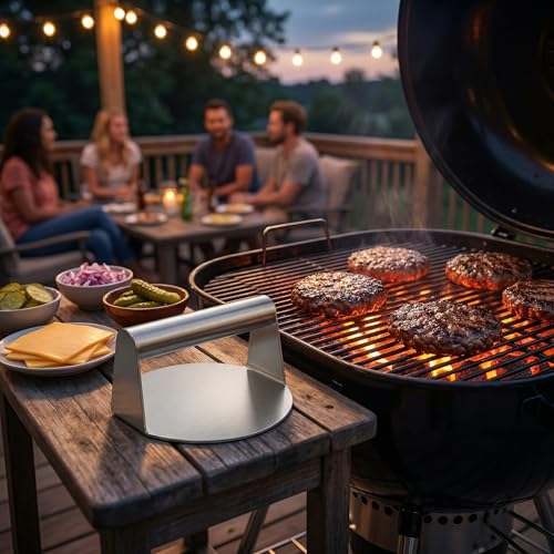 Arendo - Burger Set XXL - 1 x Grillspachtel - 1 x Pfannenwender - 1 x Burgerpresse - 2 x Schmelzkuppeln – Edelstahl – hitzebeständig geschmacksneutral lebensmittelecht - Bürger und Smash Bürger