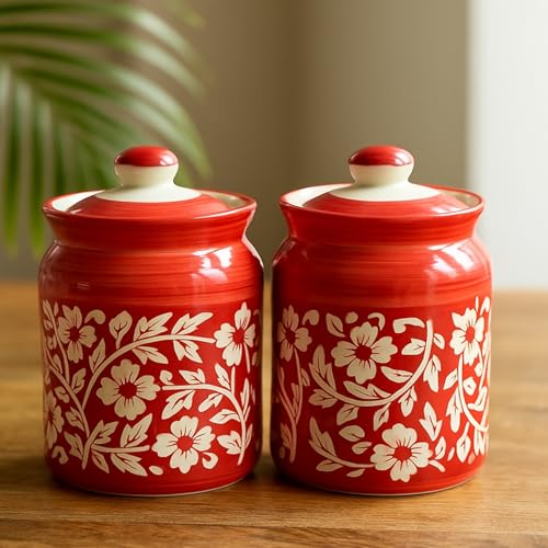 Image of D'Maiolica Pickle Jars in 1000ml (set of 2) | Handpainted Floral Pattern 1 kg Achaar Martban | Ceramic Container Set for Kitchen Storage (Pack of 2) (Red Full Floral)