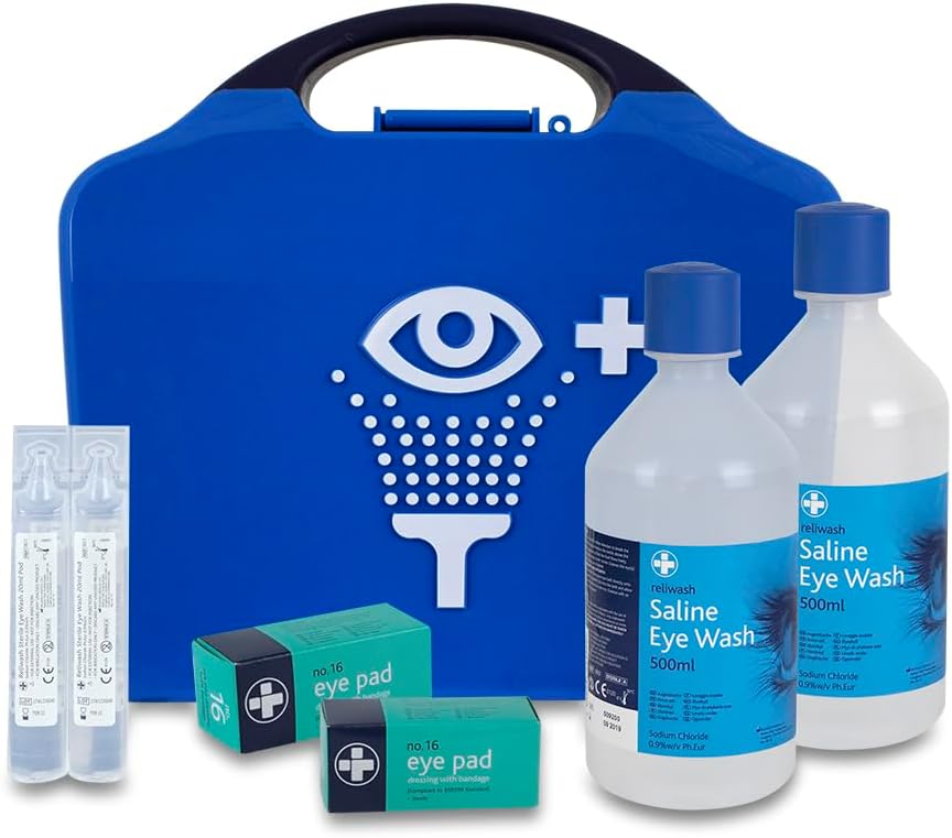 Reliance Medical First Aid Eye Wash Kit - 2 x 500ml Reliwash Eyewash Bottles with Mirror - 2 x 20ml Saline Sterile Solution Pods Drops for Eyes And Eye Pads