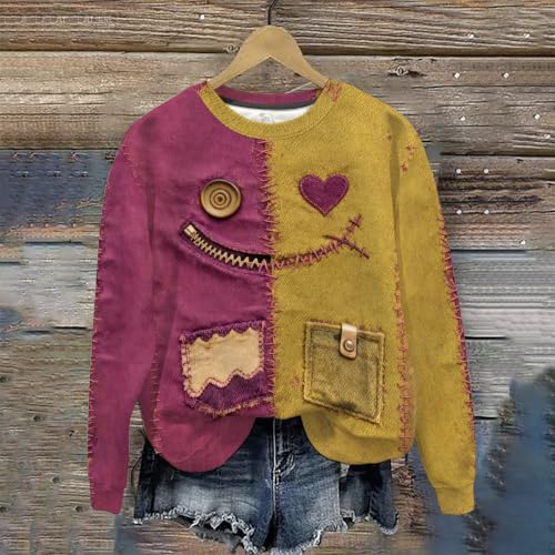 Halloween Sweatshirt Women Patchwork Pullover Ragdoll Doll Face with Pocket - image 3
