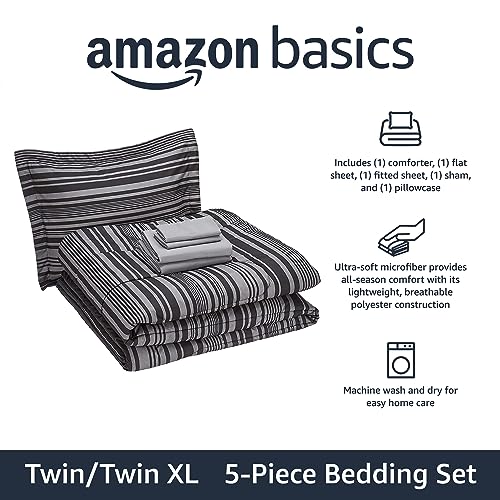 Image of Amazon Basics 5-Piece Lightweight Microfiber Comforter Set with Sheets, Bed-in-a-Bag, Gray Calvin Striped Bedding, Twin /Twin XL