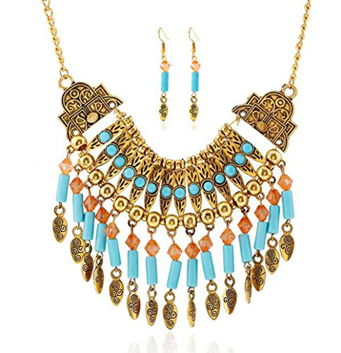 CrazyPiercing Ethnic Tribal Boho Necklace Earrings Set, Vintage Alloy Gold Boho Bohemian Necklace, Turquoise Beads Statement Necklace and Earrings Jewelry Set for Women Girls