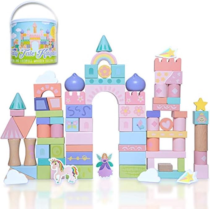 Large Wooden Blocks Set 80pcs - Girls Fairytale Kingdom Castle with Unicorn and Fairy, Colored Wooden Building Blocks for Kids and Toddlers Montessori Toys for Ages 3-8