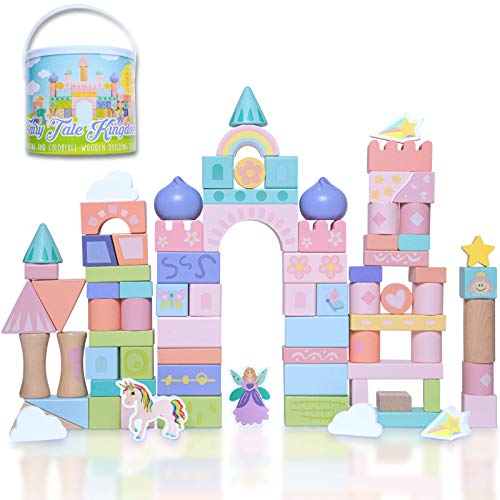 Image of Cheetoys Large Wooden Blocks Set 80pcs - Girls Fairytale Kingdom Castle with Unicorn and Fairy, Colored Wooden Building Blocks for Kids and Toddlers Montessori Toys for Ages 3-8