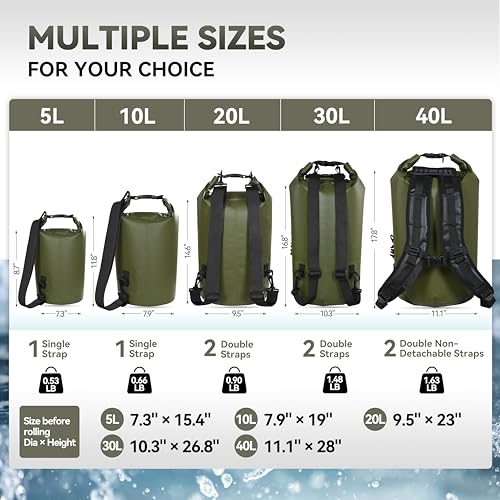 MARCHWAY Floating Waterproof Dry Bag Backpack 5L/10L/20L/30L/40L, Roll Top Sack Keeps Gear Dry for Kayaking, Rafting, Boating, Swimming, Camping, Hiking, Beach, Fishing (Army Green, 5L)