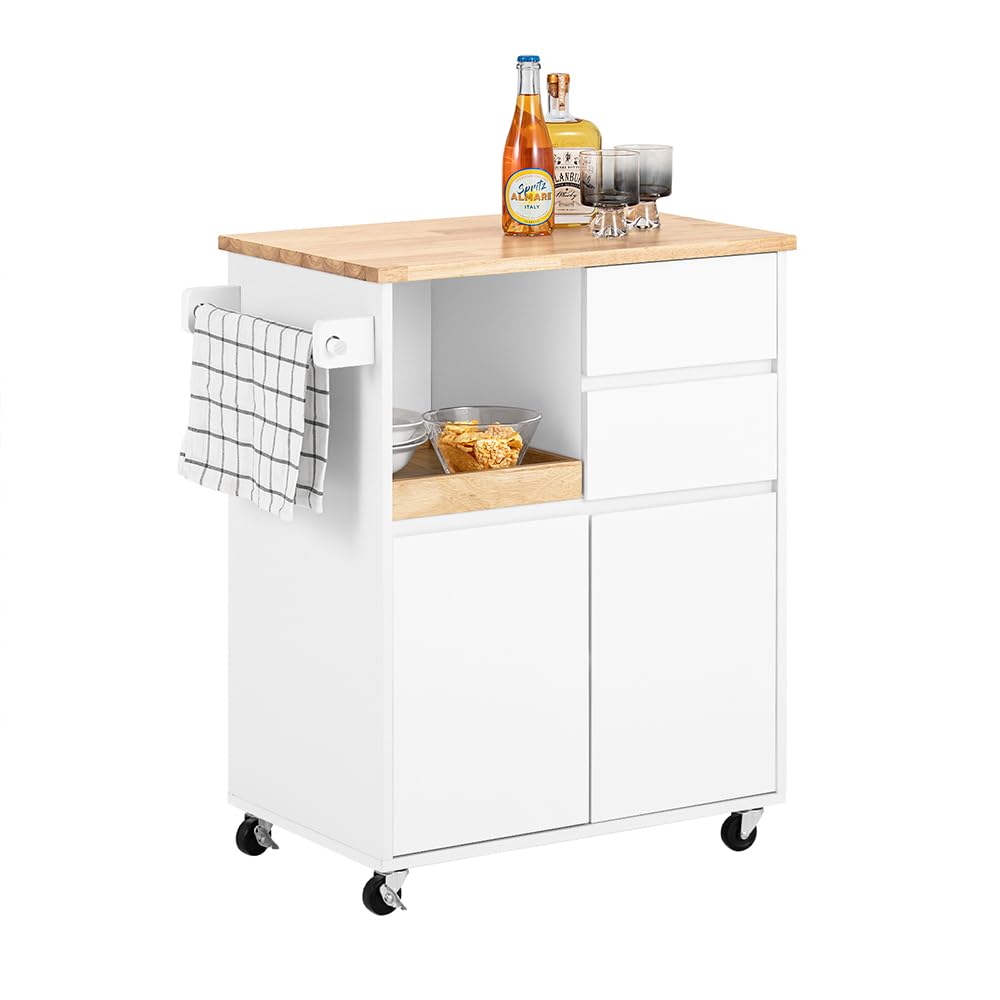 SoBuy FKW123-WN wózek kuchenny z blatem roboczym, wózek do serwowania na kółkach, do kuchni, salonu, jadalni, biały, szer. x wys. x gł.: ok. 72 x 84 x 40 cm
