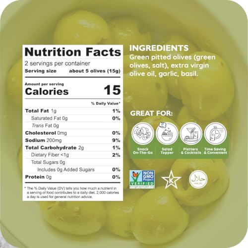 Image of POSHI Green Pitted Olive Snack Packs, Basil & Garlic, 1.1 oz (Pack of 30)