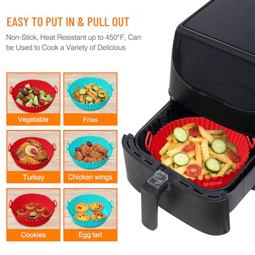 Image of Solitude 2 Pcs Air Fryer Liners I Round Silicone Basket Baking Tray I Pot with Ear Handles I Nonstick Reusable Heat Resistant I Cooking Oven Insert Accessories - Multicolor (8 Inch)