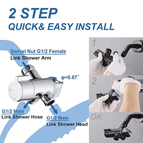 Uvish High Pressure All Metal 3 Way Shower Diverter Valve With Hand Holder, G1/2 Arm for Head, Bathroom Universal System Replacement Part, Chrome - Thumbnail 7