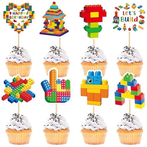 Cyodoos 24Pcs Building Block Birthday Party Cupcake Toppers Boy Girl Birthday Party Decorations Brick Themed Building Block Birthday Decorations for Kids Adults Birthday Party Supplies Cover